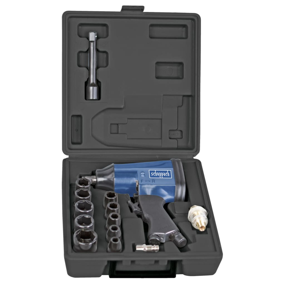 Zestaw narzędzi z kluczem udarowym i różnymi nasadkami.