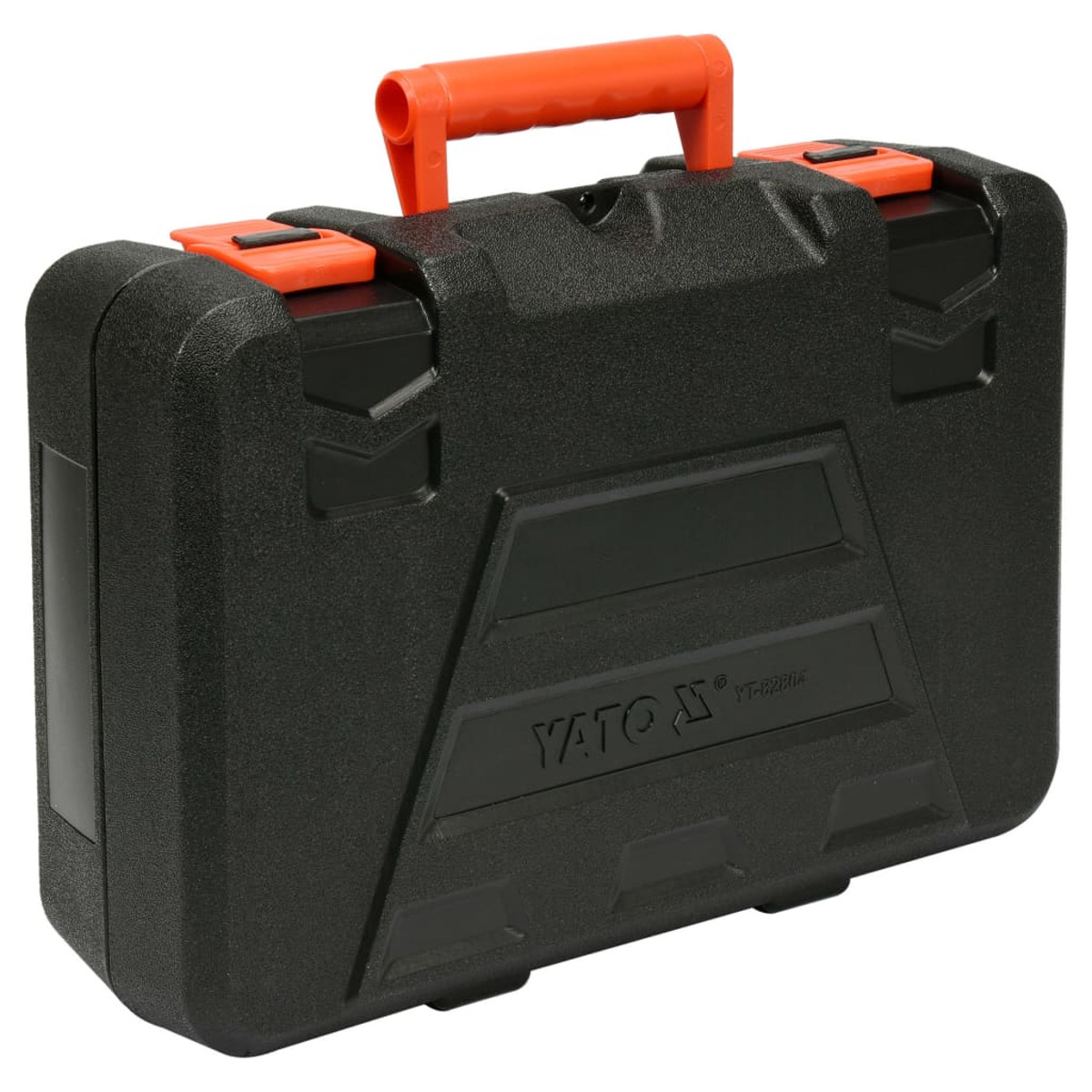 Una valigetta per attrezzi Yato nera con manico e clip arancioni. Logo Yato visibile.