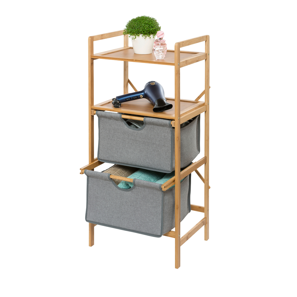 Holzregal mit zwei Schubladen und einem oberen Regal mit Pflanze und Parfüm.