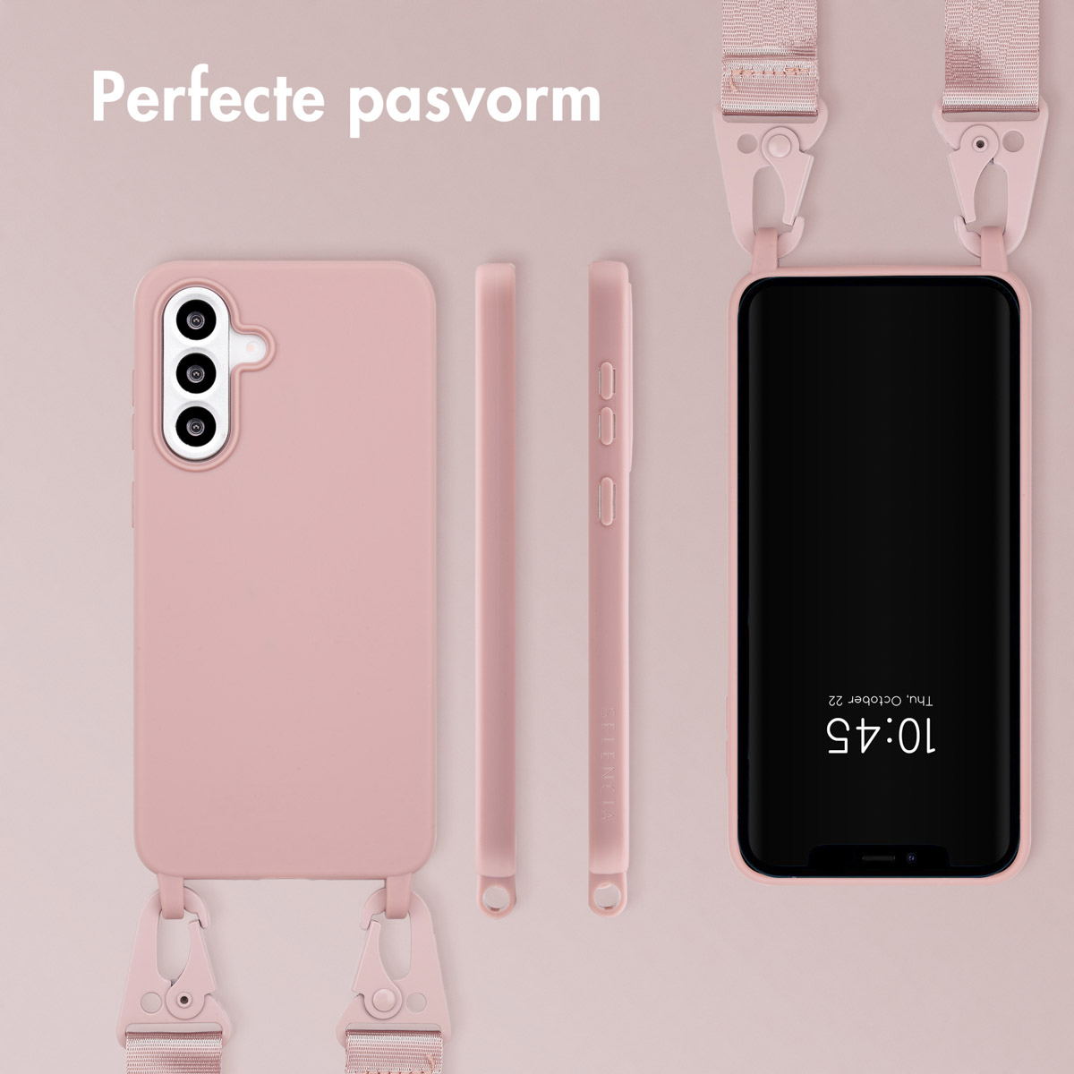 Coque de téléphone rose avec sangle assortie. L'écran du téléphone affiche l'heure. Côtés de la coque supplémentaires visibles.