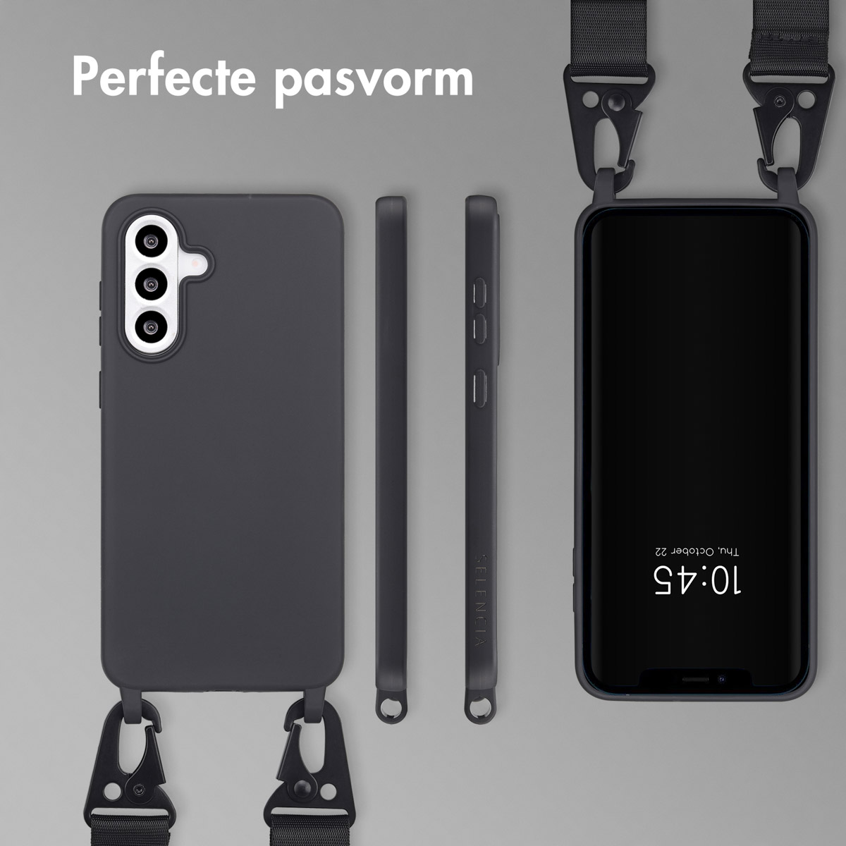 Telefoonhoesje met een riem. De tekst is Perfecte pasvorm.