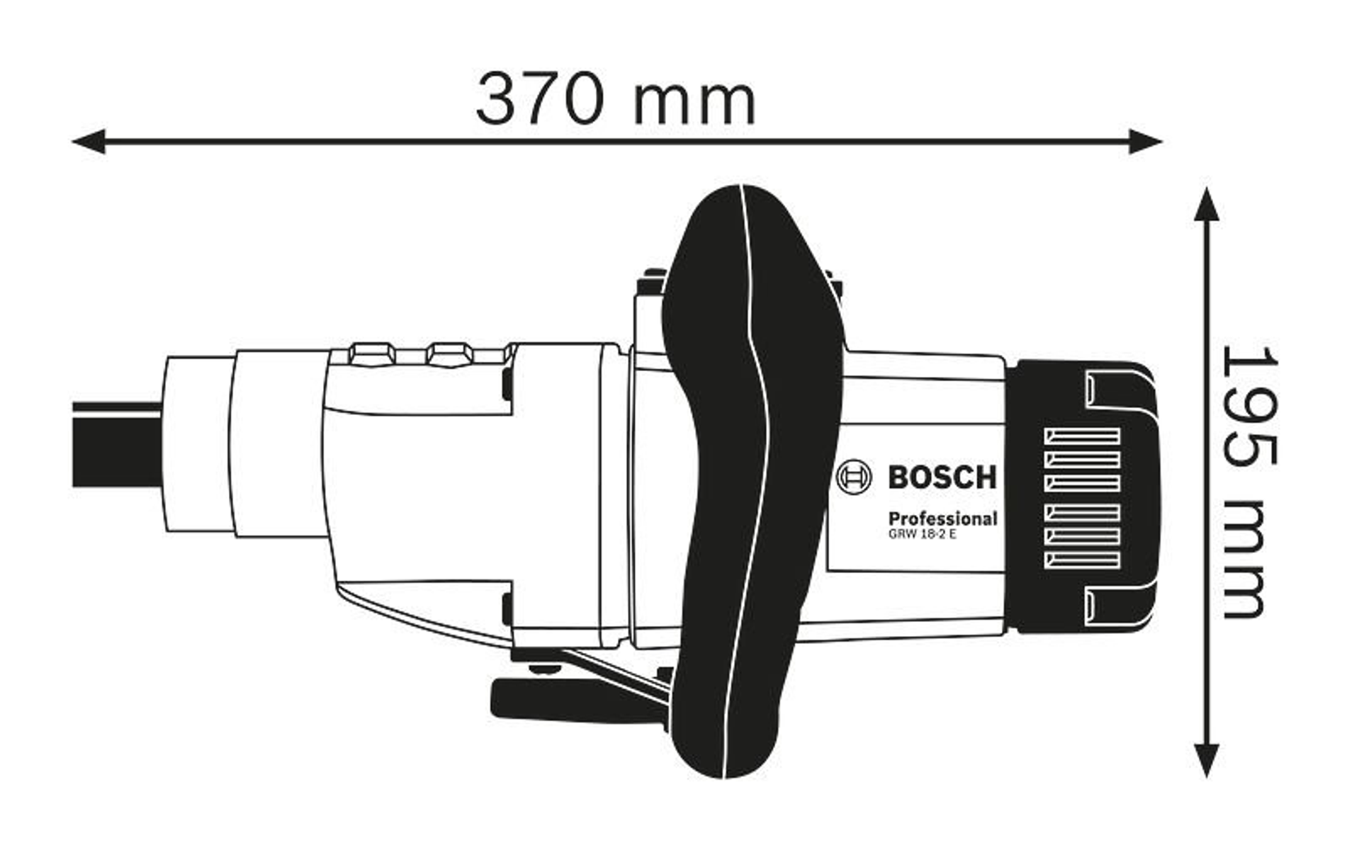Bosch Professional GRW 18-2 E aleti. Üstten görünüm, boyutlarla. Alet siyah ve gri.