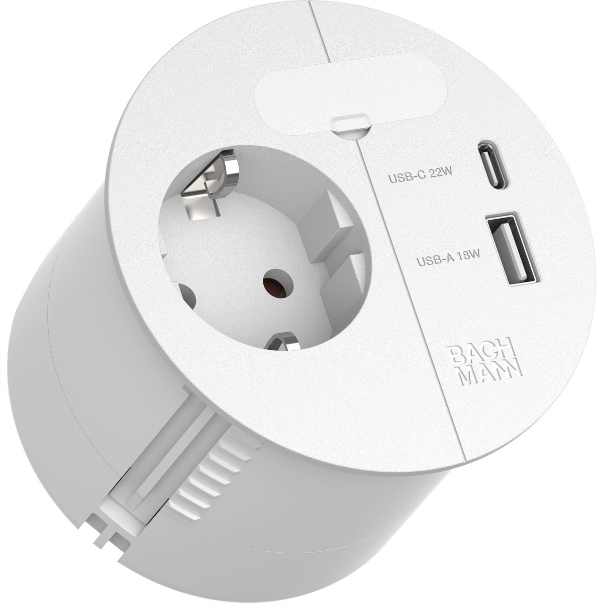 Adattatore di alimentazione bianco con presa, porte USB-C e USB-A e logo Bachmann.