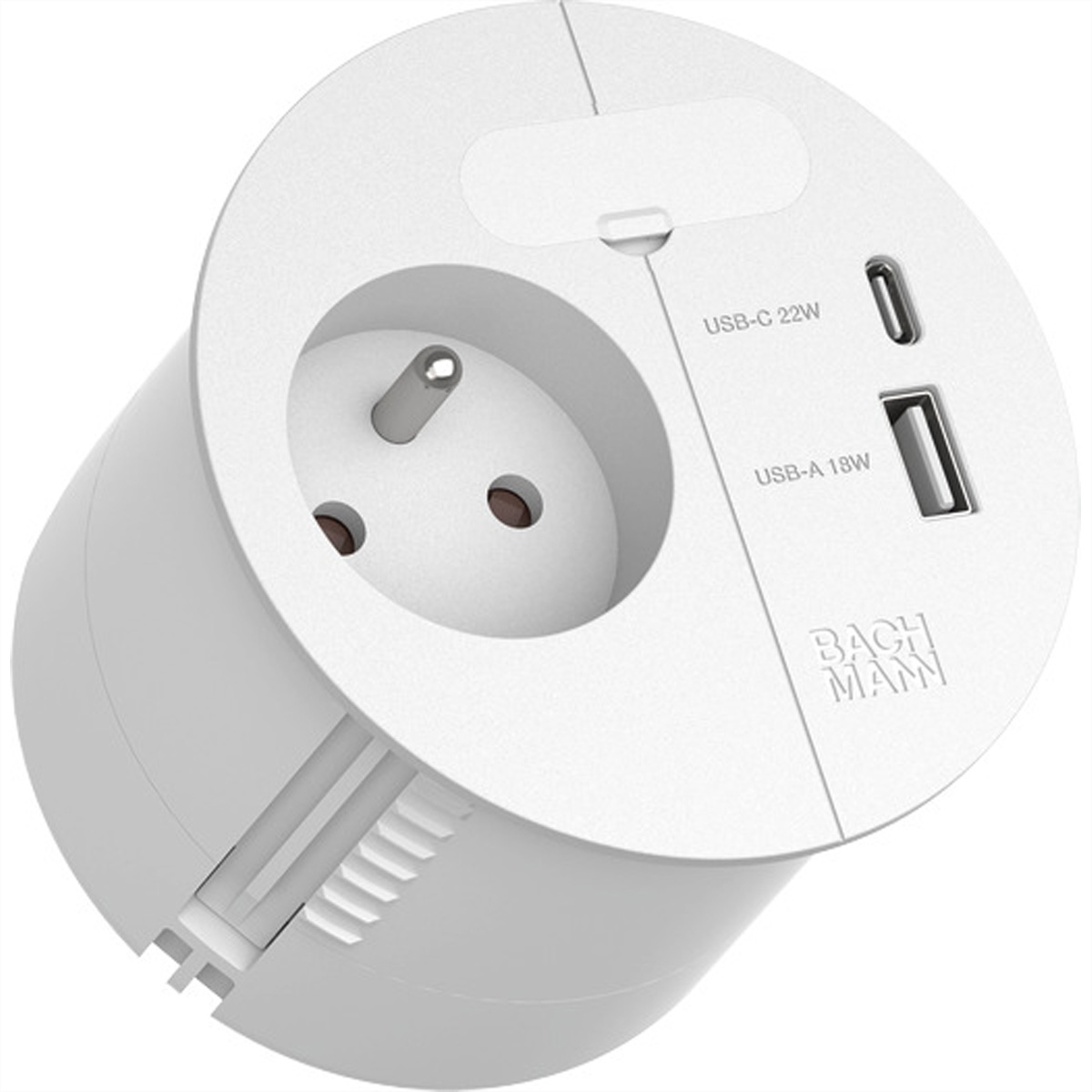 Weißer Steckeradapter mit zwei USB-Anschlüssen und einer Steckdose. Text: BACH MAN.