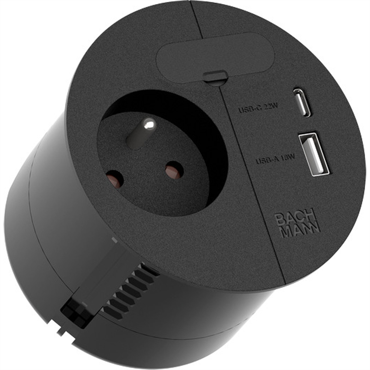 Zwarte voedingsadapter met USB-poorten en stopcontact.
