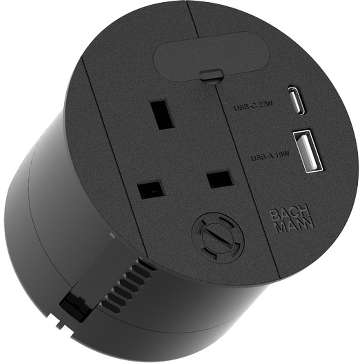Schwarzer Netzadapter mit Steckdosen und USB-Anschlüssen. Weißer Hintergrund.