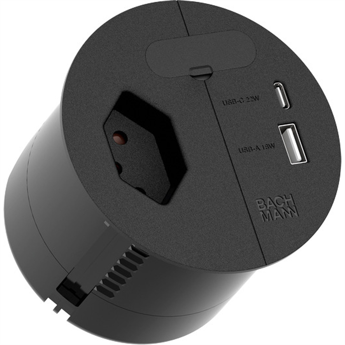 Schwarzer Netzadapter mit USB-C- und USB-A-Anschlüssen und einem europäischen Stecker. Der Markenname ist sichtbar.