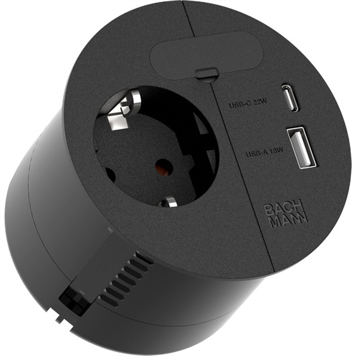 Adattatore di alimentazione nero con porte USB e presa. Il marchio 'Bachman' è visibile.