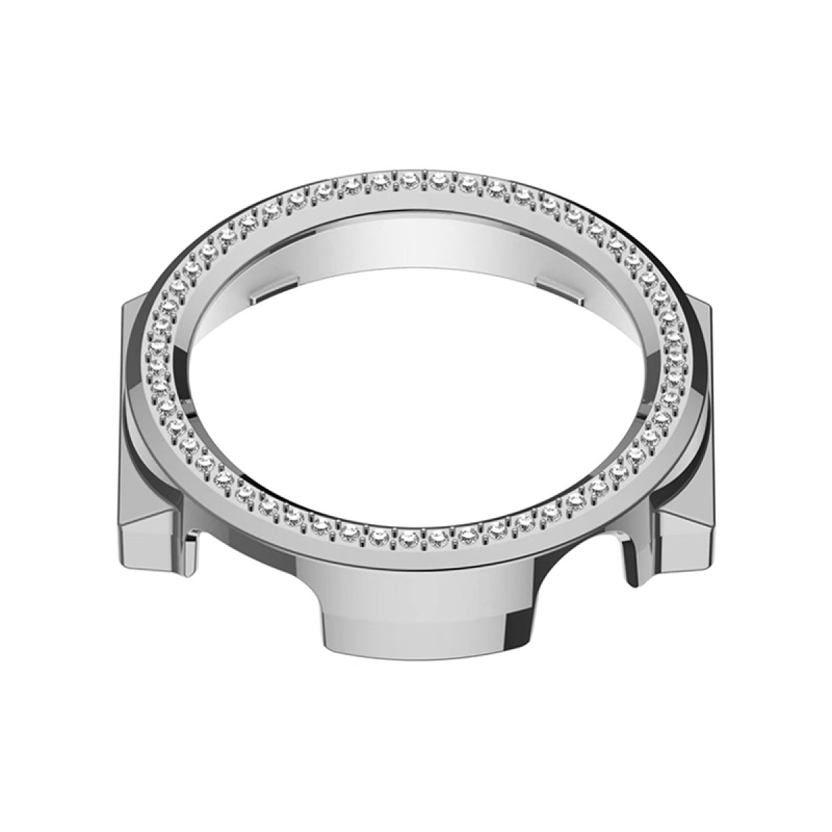 Ghiera dell'orologio argentata con cristalli incastonati. La ghiera è circolare.