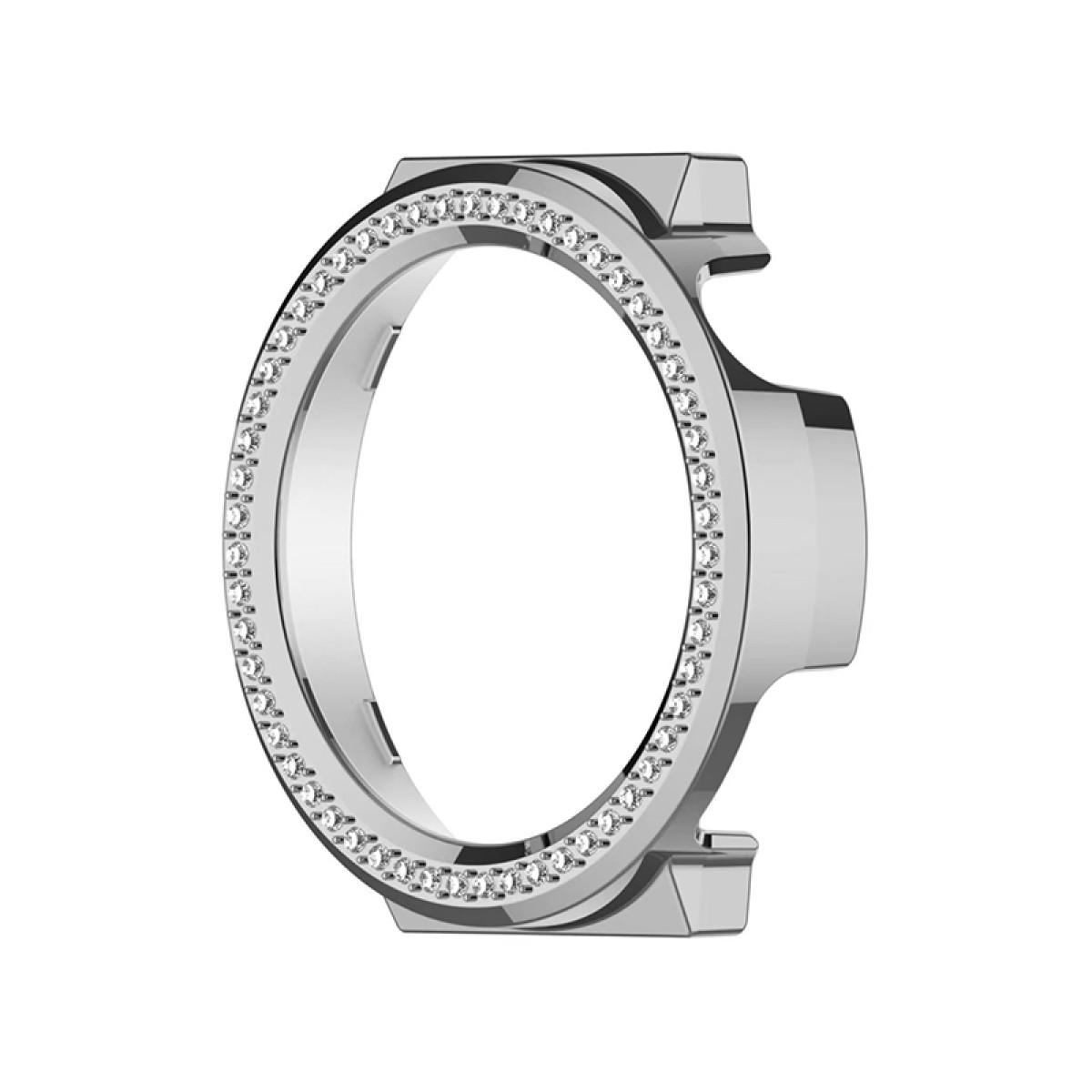 Una lunetta per orologio argentata con un anello di piccoli cristalli trasparenti. La lunetta è circolare.