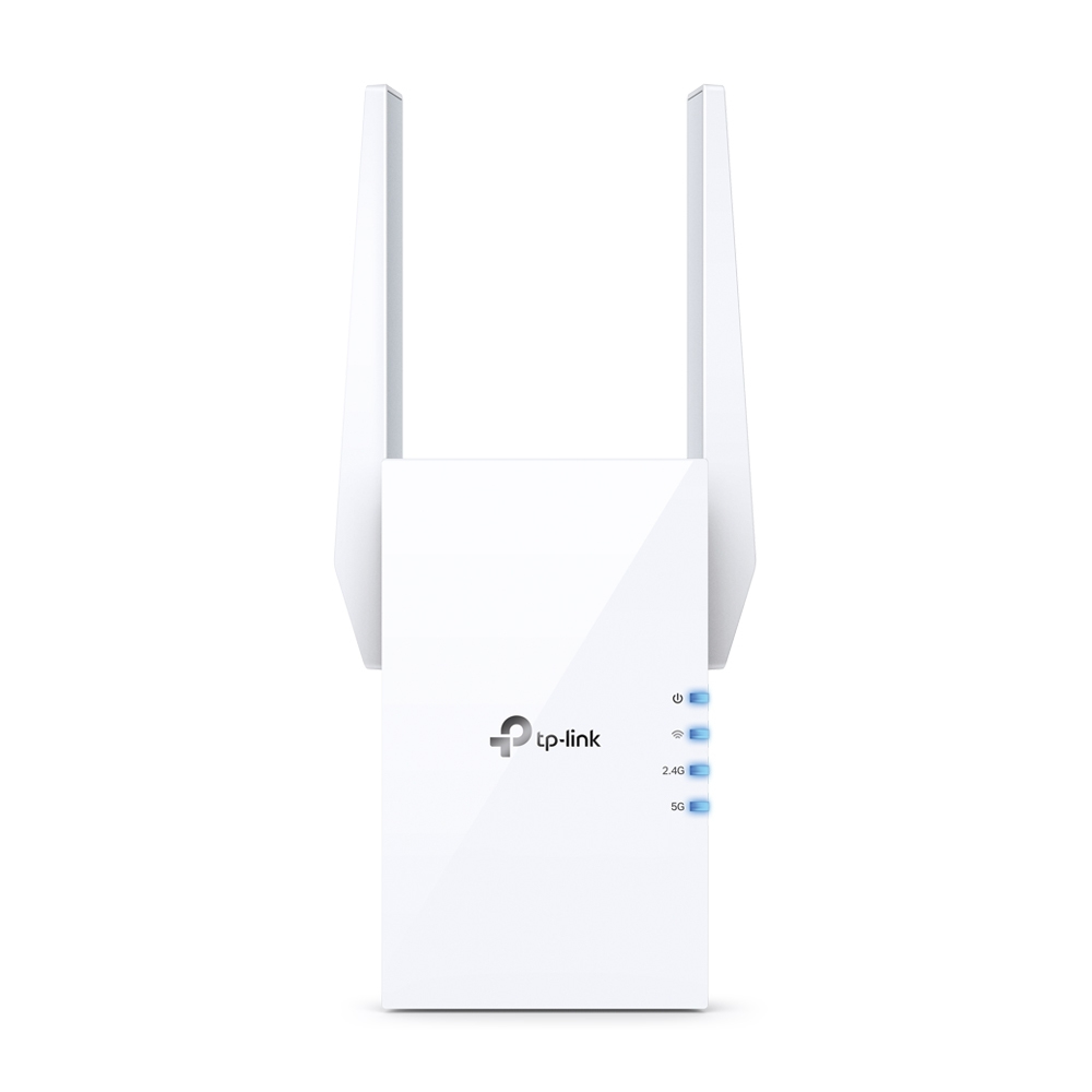 Biały wzmacniacz Wi-Fi TP-Link z dwiema antenami. Posiada wskaźniki LED.