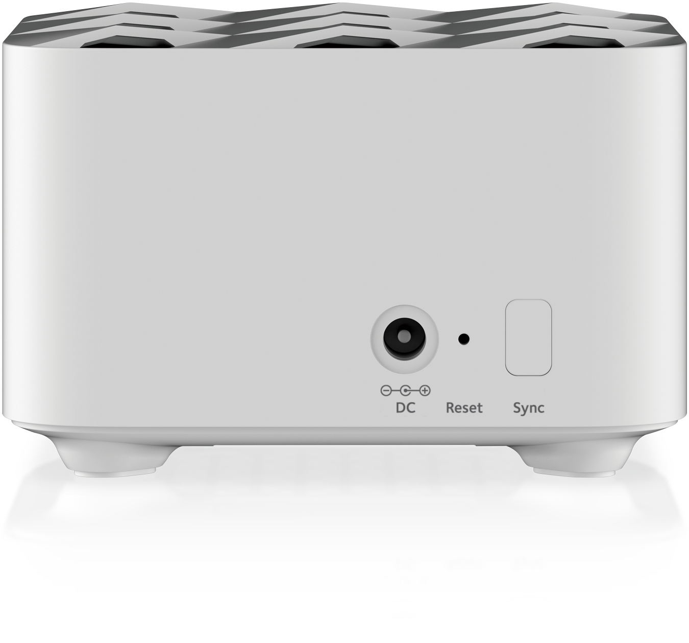 Weißer Router mit schwarzem Deckel. Rückansicht zeigt DC-, Reset- und Sync-Anschlüsse.