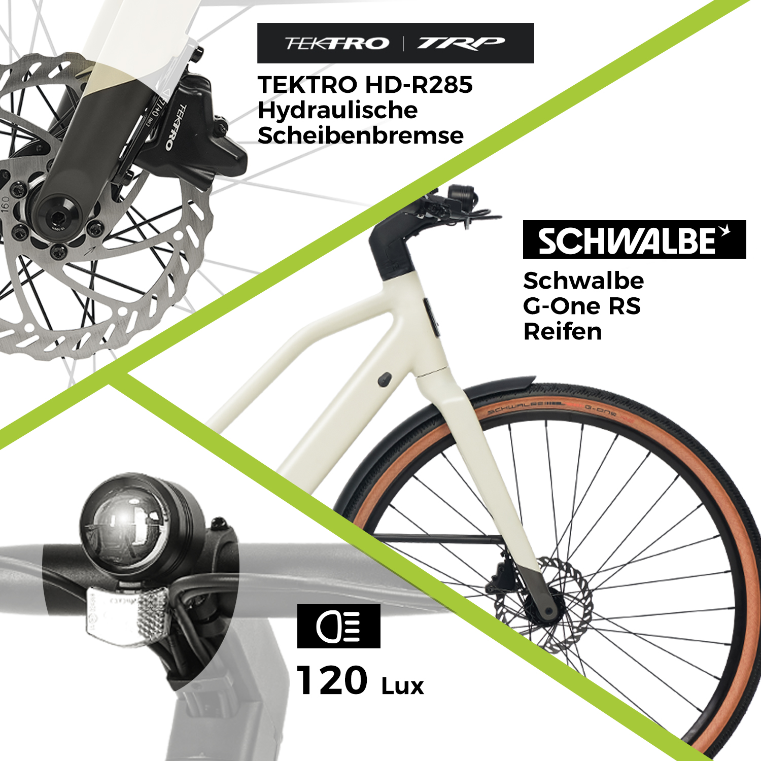Nahaufnahme eines Fahrrads, das Details des Vorderrads, der Bremsen und anderer Komponenten zeigt. Text-Overlay.