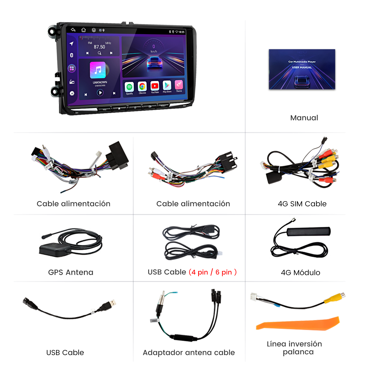 Reproductor multimedia para coche con varios cables, antena GPS y manual sobre una superficie blanca.