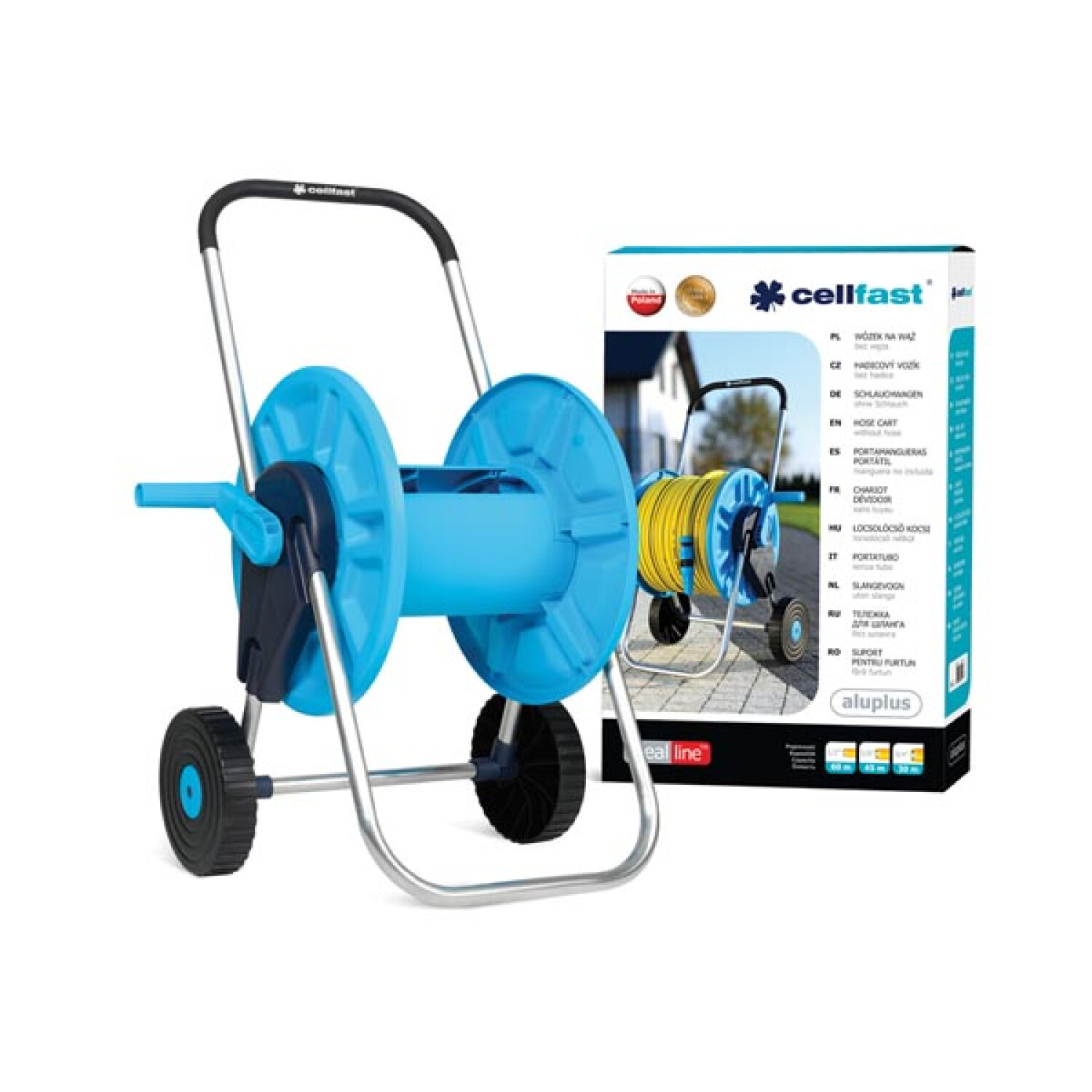 Ein blauer Schlauchwagen mit einem gelben Schlauch. Die Box rechts beschreibt das Produkt.