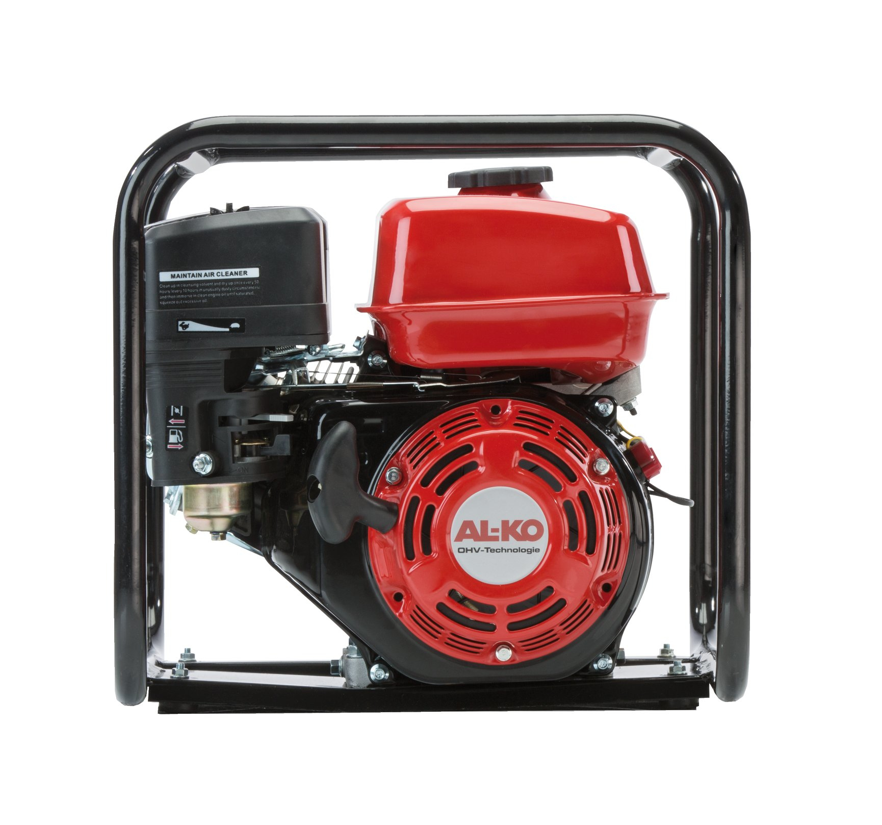 Un moteur rouge et noir. Il est dans un cadre noir. Le fond est blanc.