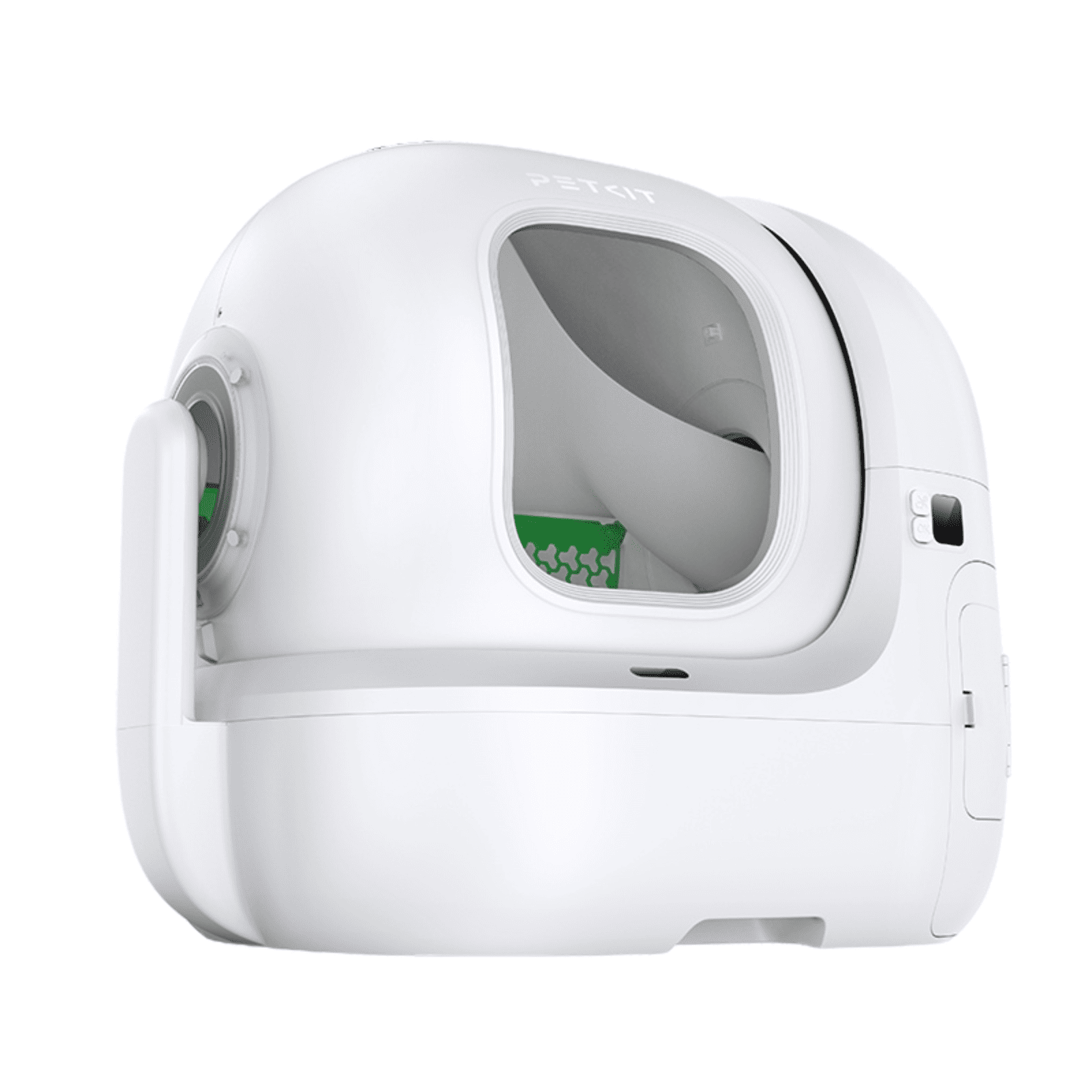 Lettiera autopulente PETKIT bianca. Ha un design curvo con una finestra trasparente.