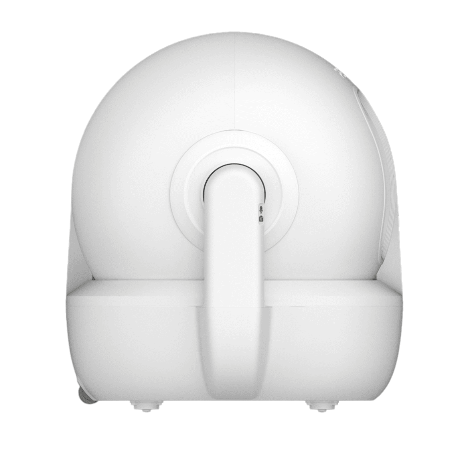 Vista posteriore di un dispositivo bianco con maniglia e sfiato.