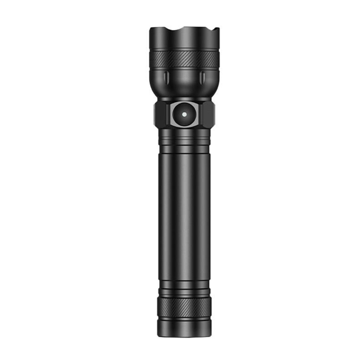 Schwarze Taschenlampe. Der Körper hat einen geriffelten Griff, und die Linse hat eine strukturierte Oberfläche.