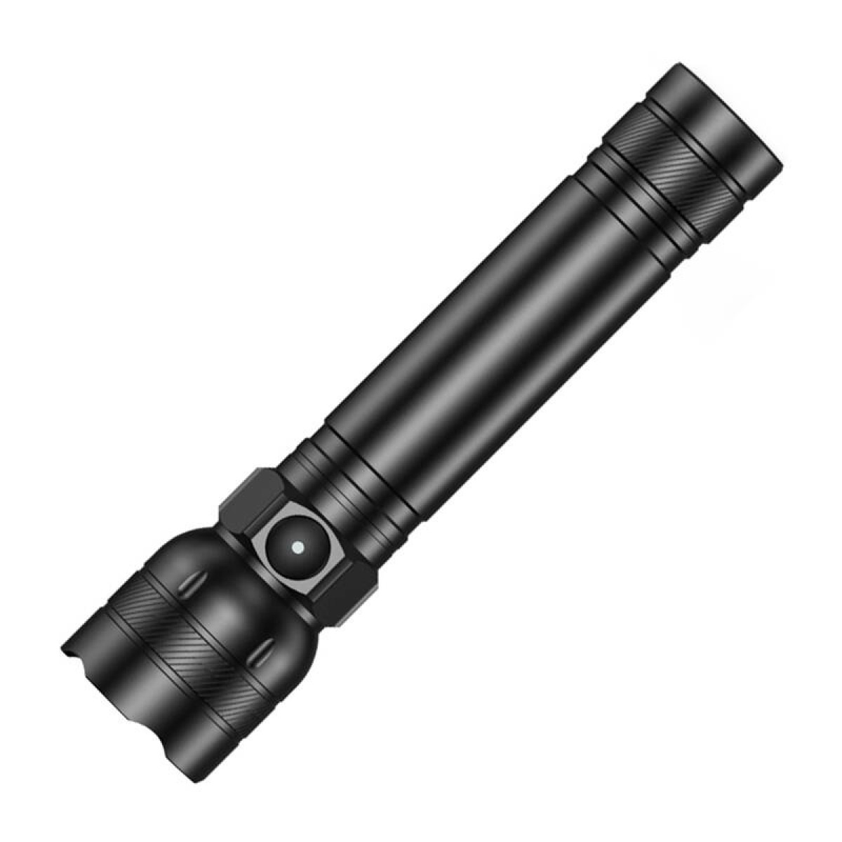 Schwarze Taschenlampe mit strukturiertem Griff und hellem zentralem Licht.