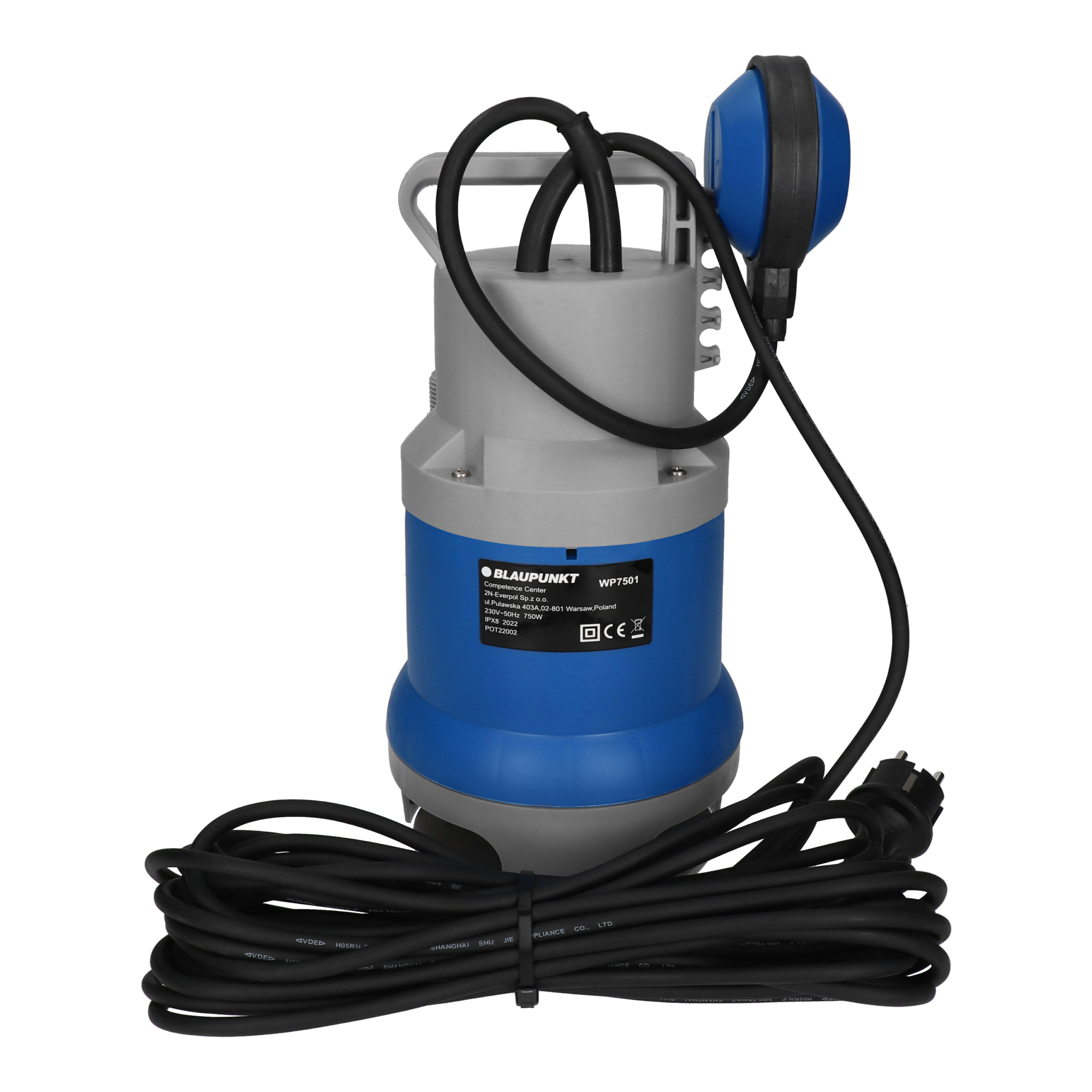 Blaupunkt WP7501 Tauchpumpe. Blau und grau, mit Stromanschluss und Schlauch.