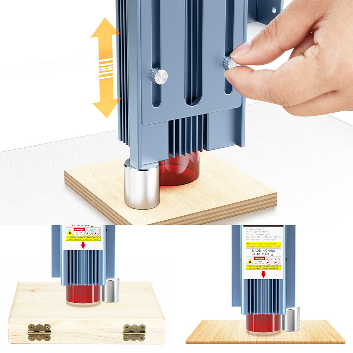 Una mano che regola un incisore laser blu, con componenti e pezzi di legno in vista.