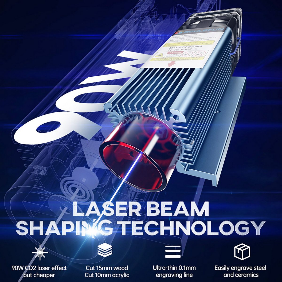 Lasergravierer mit blauem Gehäuse und rotem Laserelement. Text: Laserstrahlformungstechnologie.