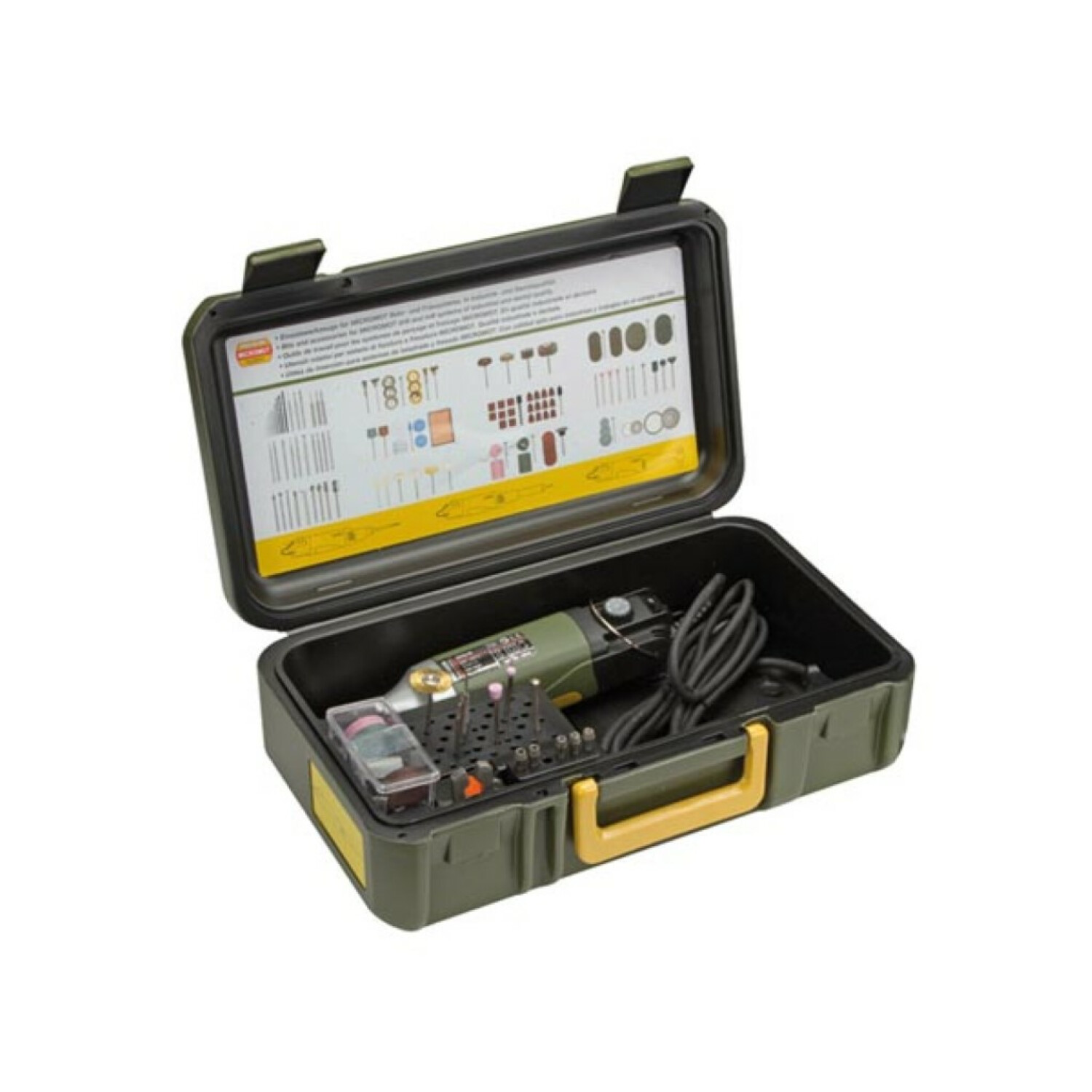 Otwarta zielona skrzynka narzędziowa z narzędziem obrotowym, osprzętem i drukowanym przewodnikiem w środku.