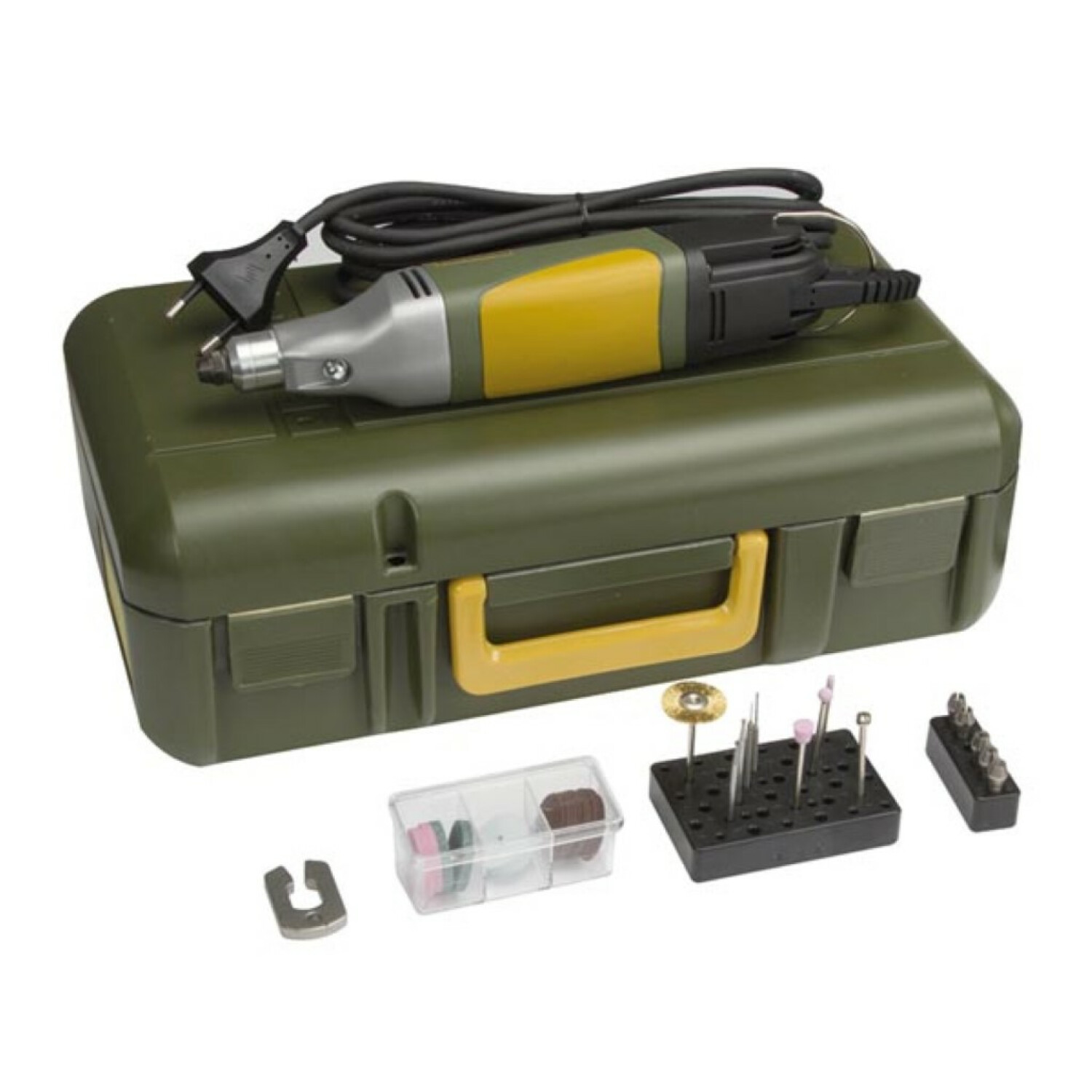Zielona skrzynka narzędziowa zawierająca narzędzie obrotowe z akcesoriami do różnych zadań szlifowania i polerowania.