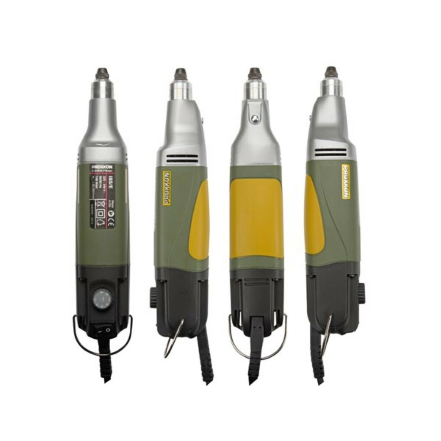 Cztery elektronarzędzia ręczne rozmieszczone, każde z innym kolorowym oznaczeniem.