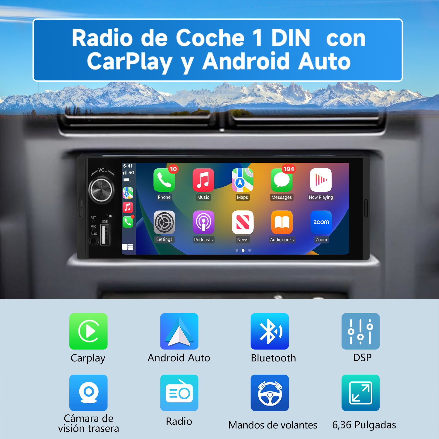 Radio de coche con pantalla táctil que muestra aplicaciones, con iconos para CarPlay, Android Auto, Bluetooth.