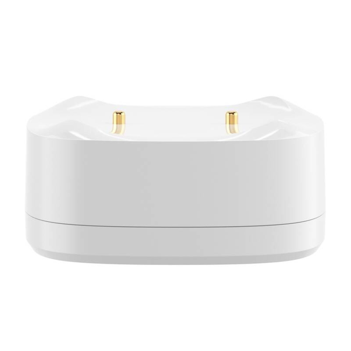 Biała stacja ładująca do urządzeń, z dwoma złotymi portami ładowania.