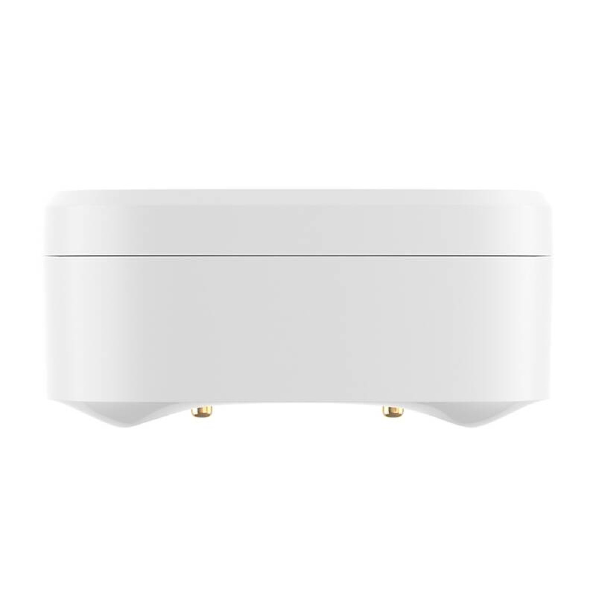 Białe urządzenie, prostokątne z zaokrąglonymi krawędziami, widoczne z boku, z dwoma złotymi kropkami na spodzie.