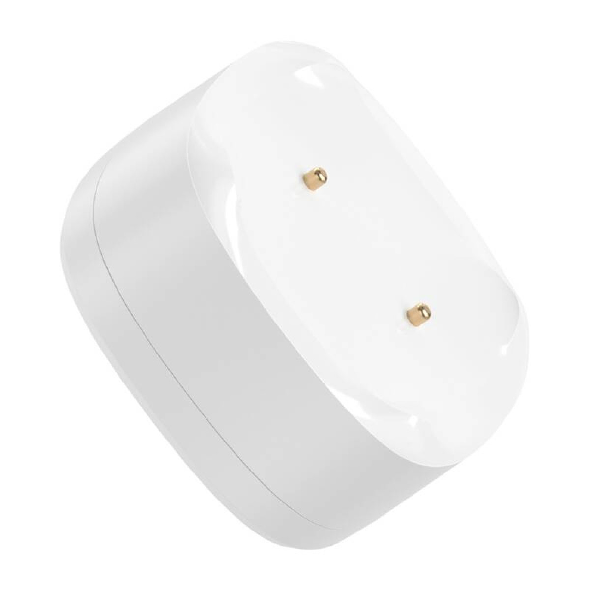 Biała ładowarka bezprzewodowa z dwoma złotymi pinami, widok z boku. Błyszcząca powierzchnia.