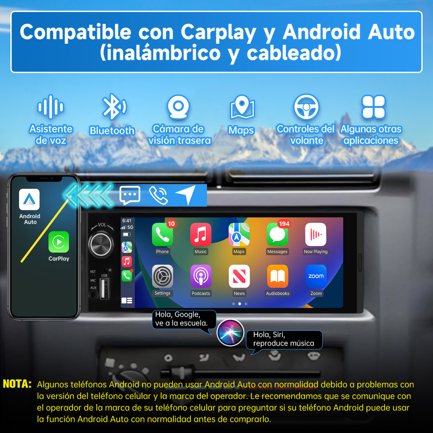 Panel de control de coche con pantalla mostrando iconos de aplicaciones y texto en español, con teléfono a la izquierda.