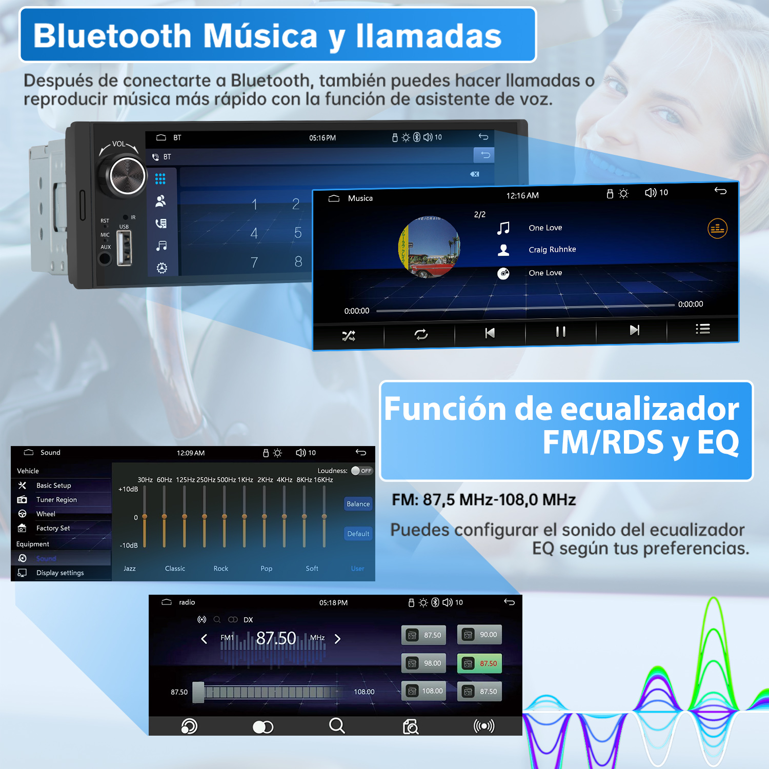 Pantalla de radio de coche mostrando controles de música y ecualizador, con texto en español.