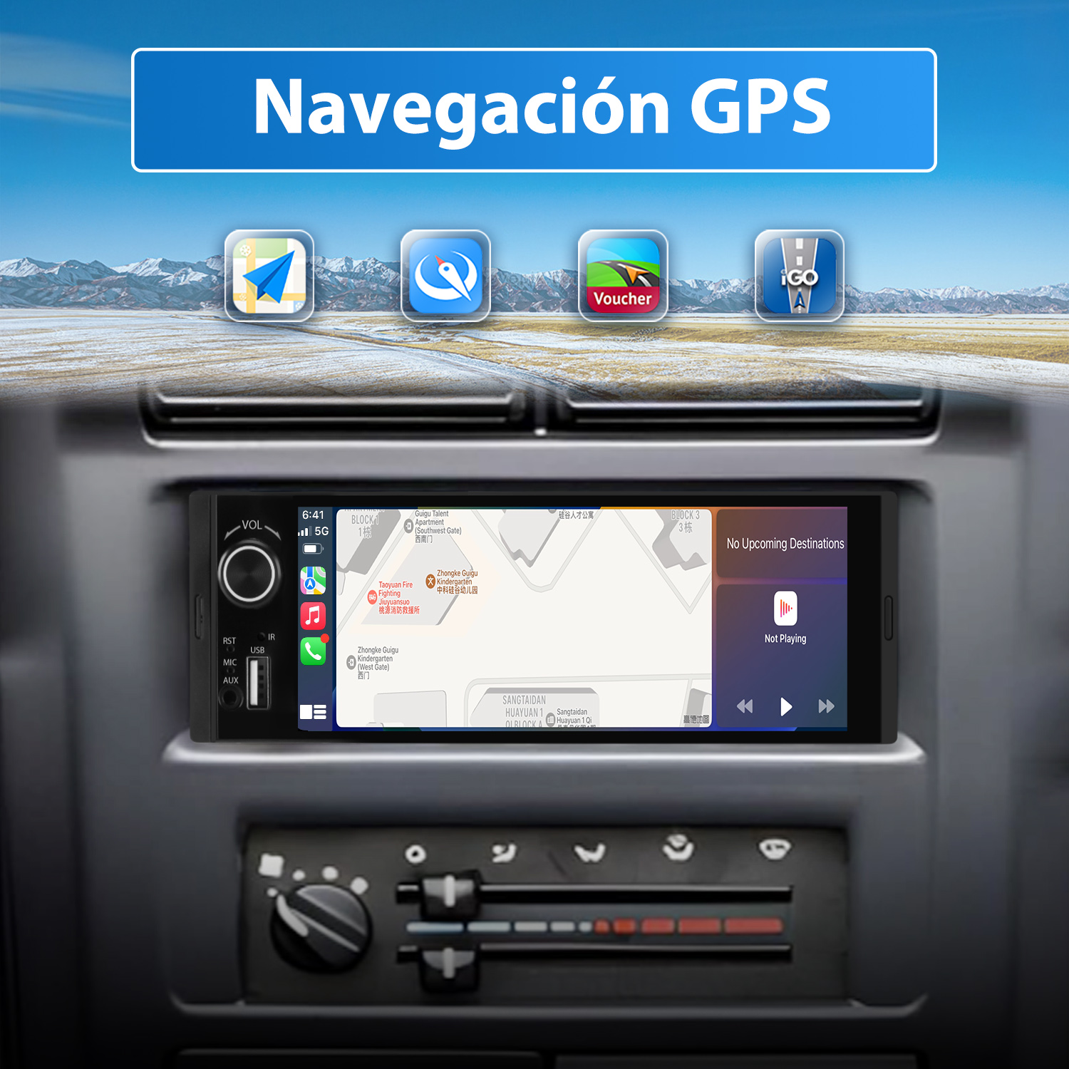 Pantalla de navegación del coche mostrando un mapa. Cuatro iconos de aplicaciones arriba. Texto: Navegación GPS.