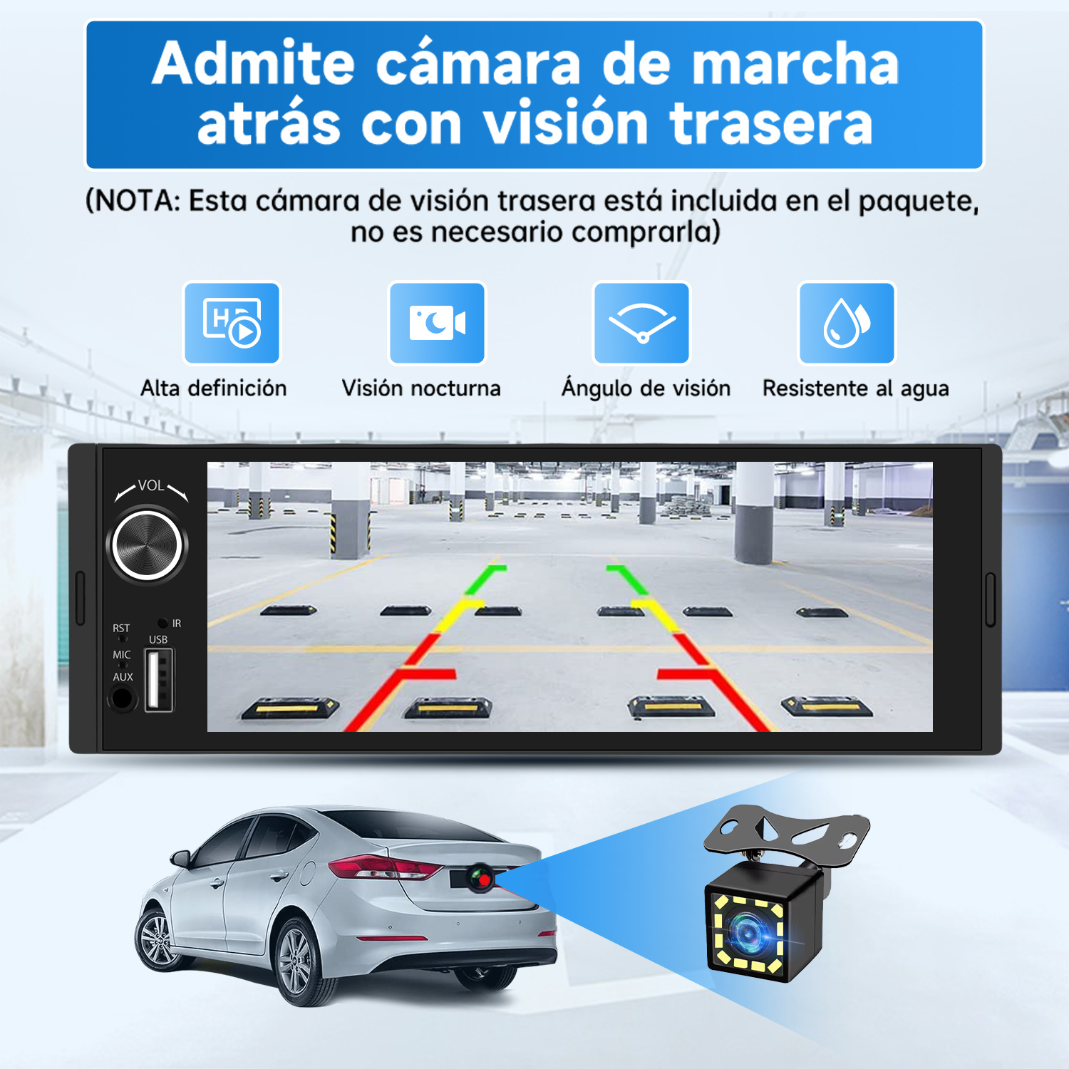 Autorradio con pantalla que muestra la vista trasera de un coche en un garaje. Iconos y texto arriba.