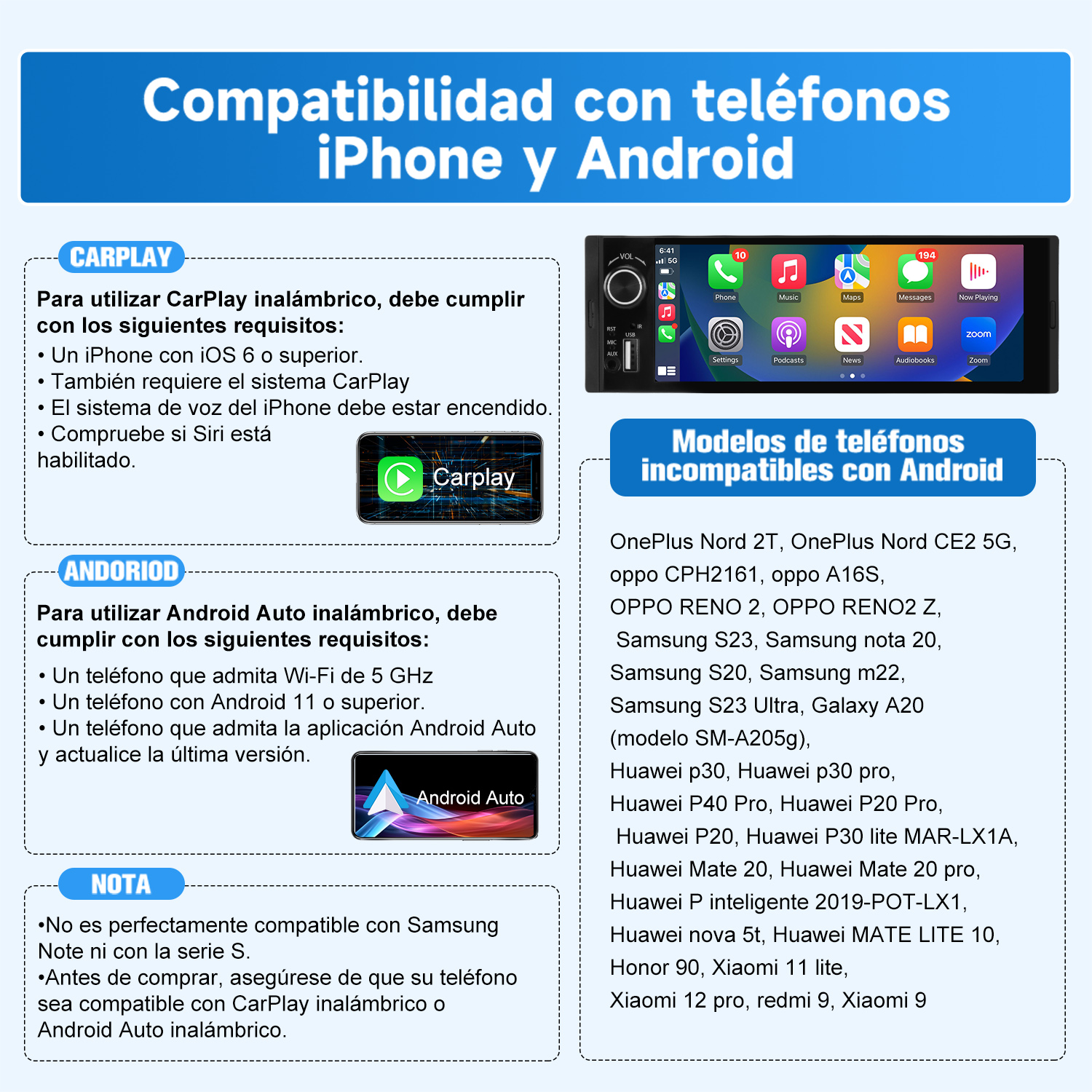 Tabla de compatibilidad CarPlay y Android Auto con requisitos y modelos de teléfono compatibles.