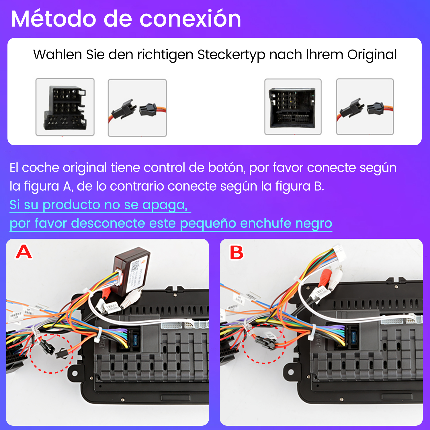 Diagrama de cableado con diferentes tipos de conectores para un sistema de audio de coche.