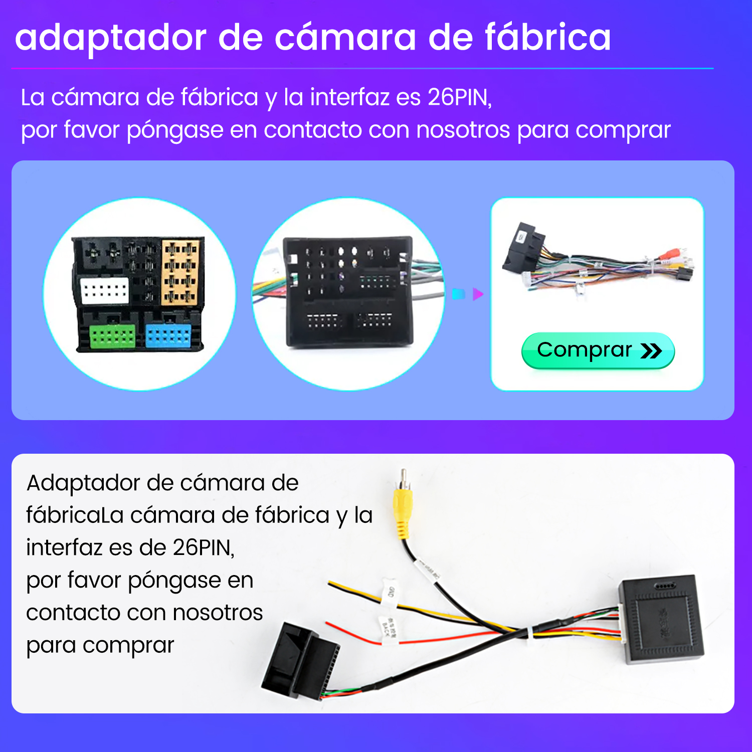 Diagrama de adaptador de cámara para coche con conectores y cables. Texto en español. Fondo blanco.