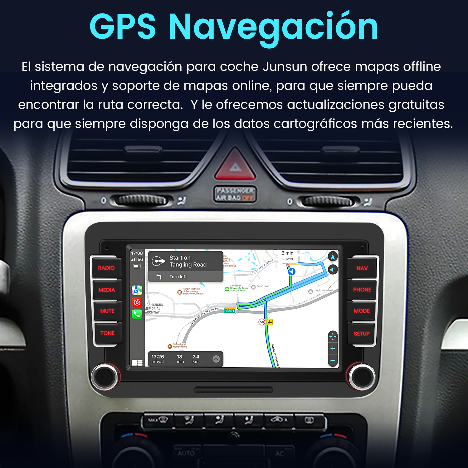 Autorradio mostrando una interfaz de mapa de navegación con navegación GPS.