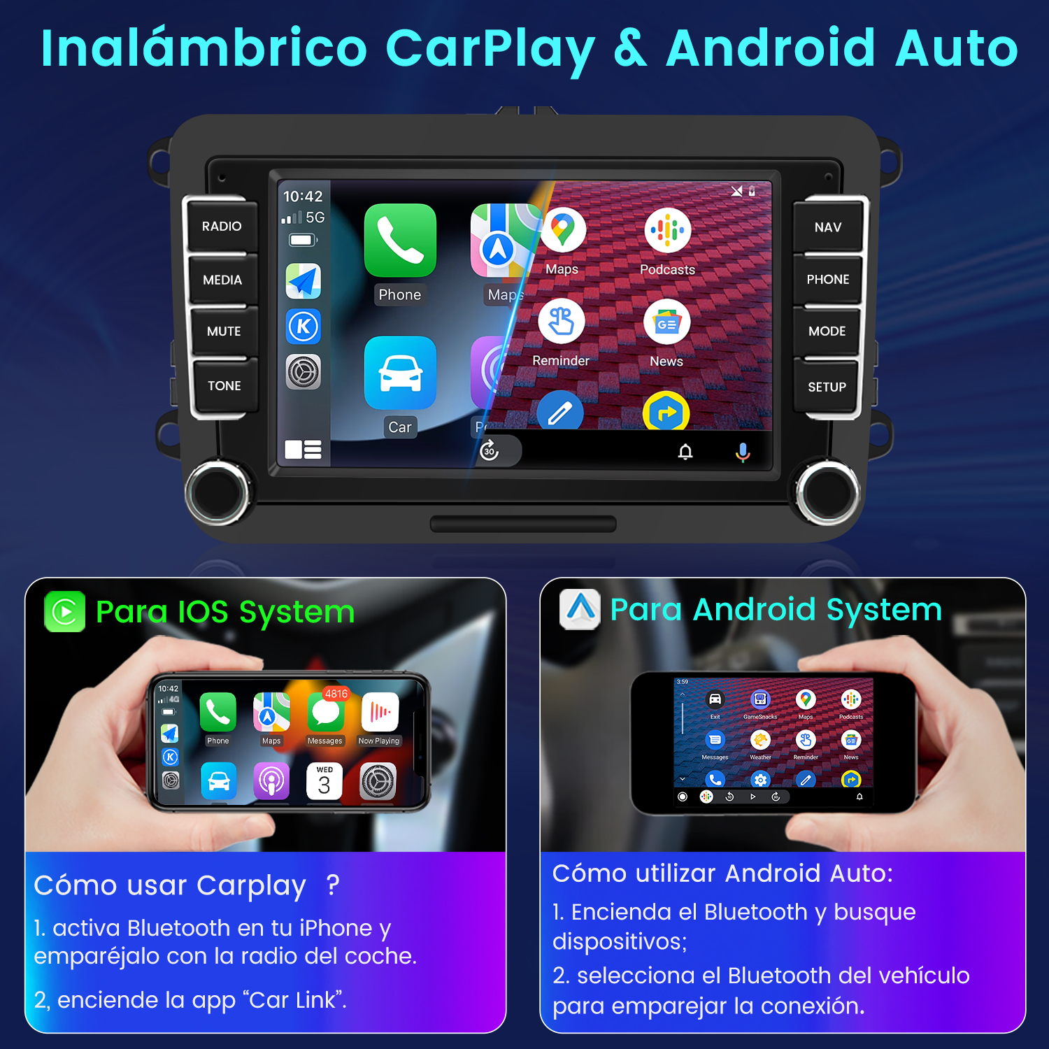 Pantalla de coche mostrando interfaces CarPlay y Android Auto. Incluye un teléfono y una app Car Link.