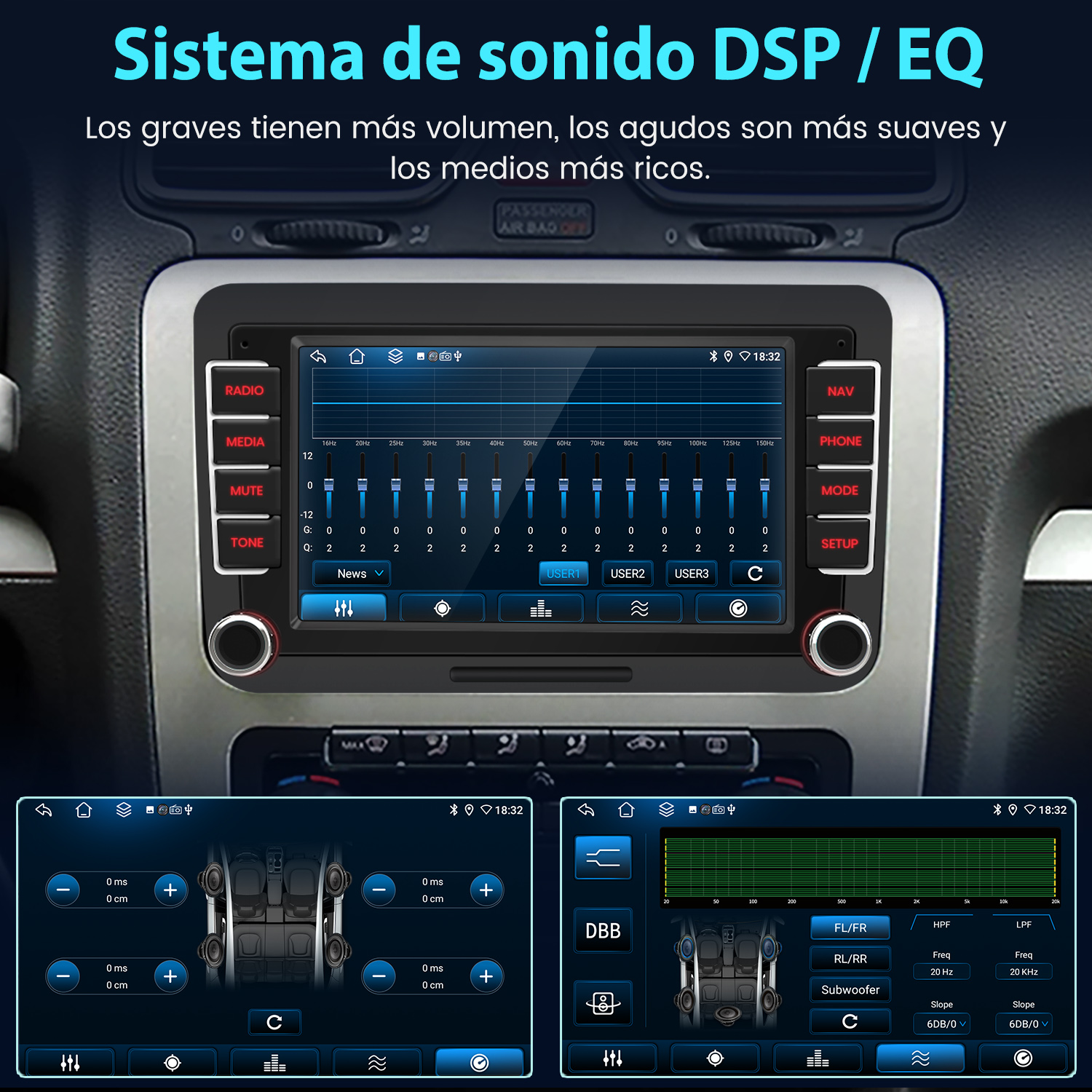 Pantalla del sistema de audio del coche con gráficos y controles. Texto: 'Sistema de sonido DSP / EQ'.