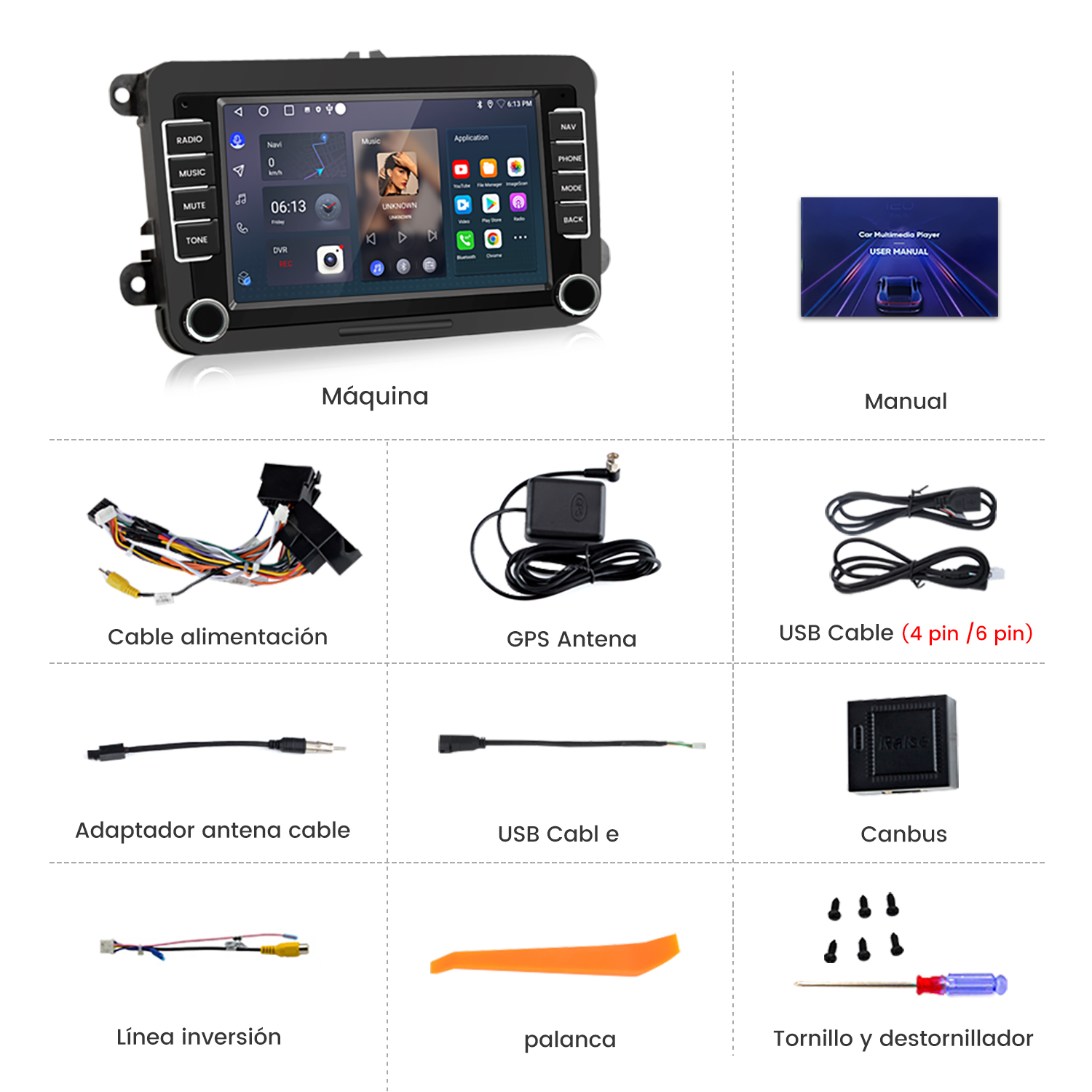 Componentes del reproductor multimedia de coche: máquina, manual, cables, antena GPS, cables USB, Canbus, etc.