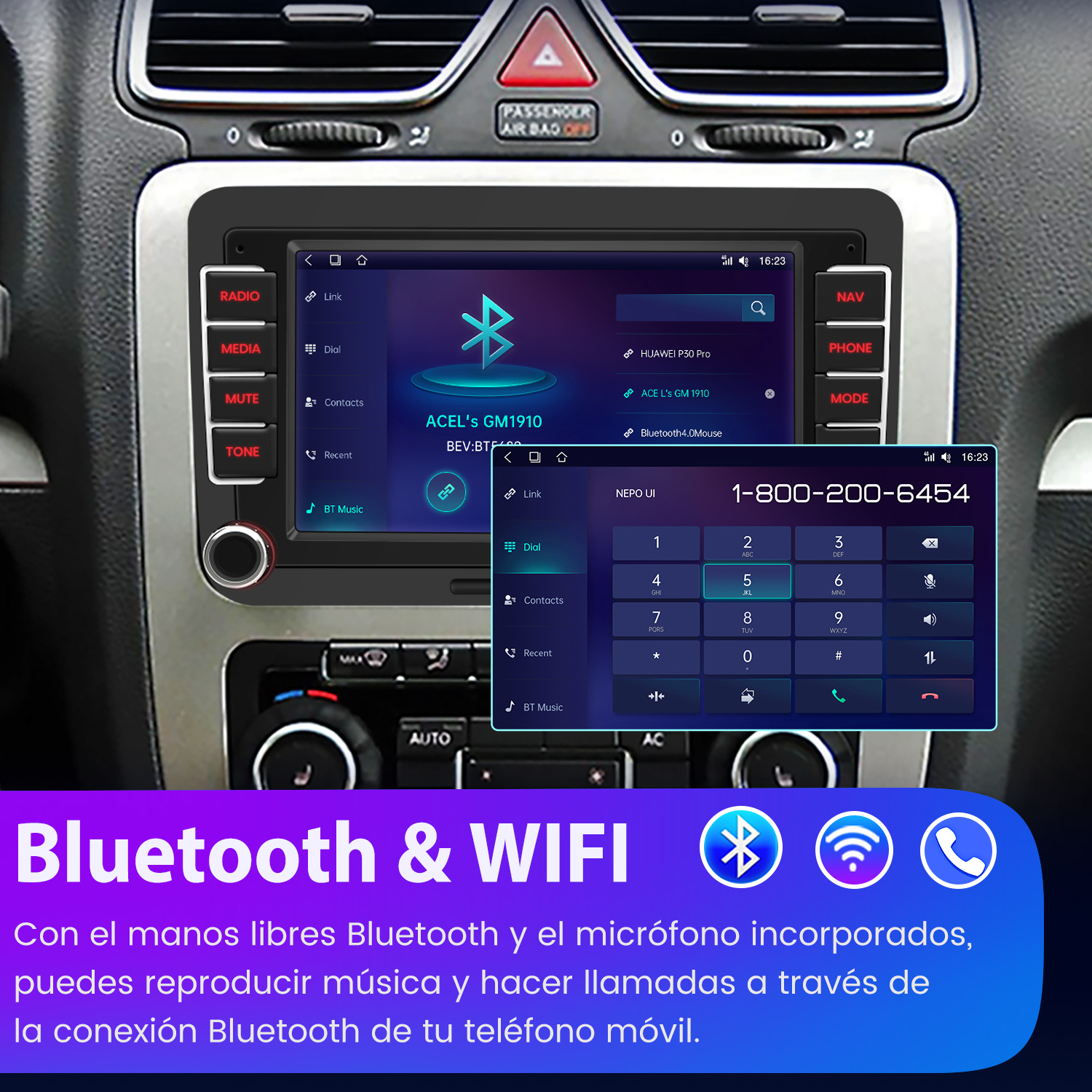 Pantalla del sistema multimedia del coche mostrando un marcador telefónico y ajustes. Iconos Bluetooth y WiFi.