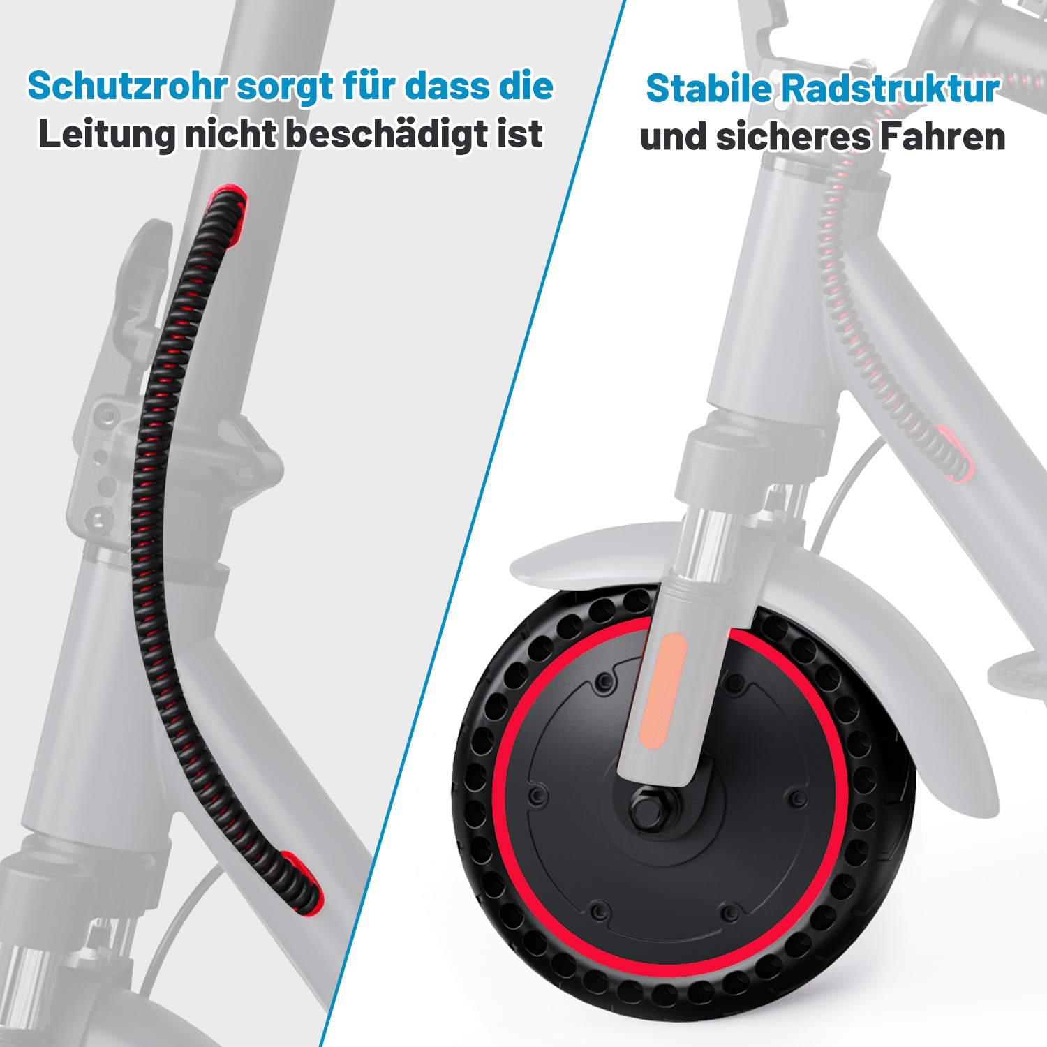 Rollerteile, schwarz und rot, zeigen eine rote Schutzröhre und ein Rad mit roter Umrandung.