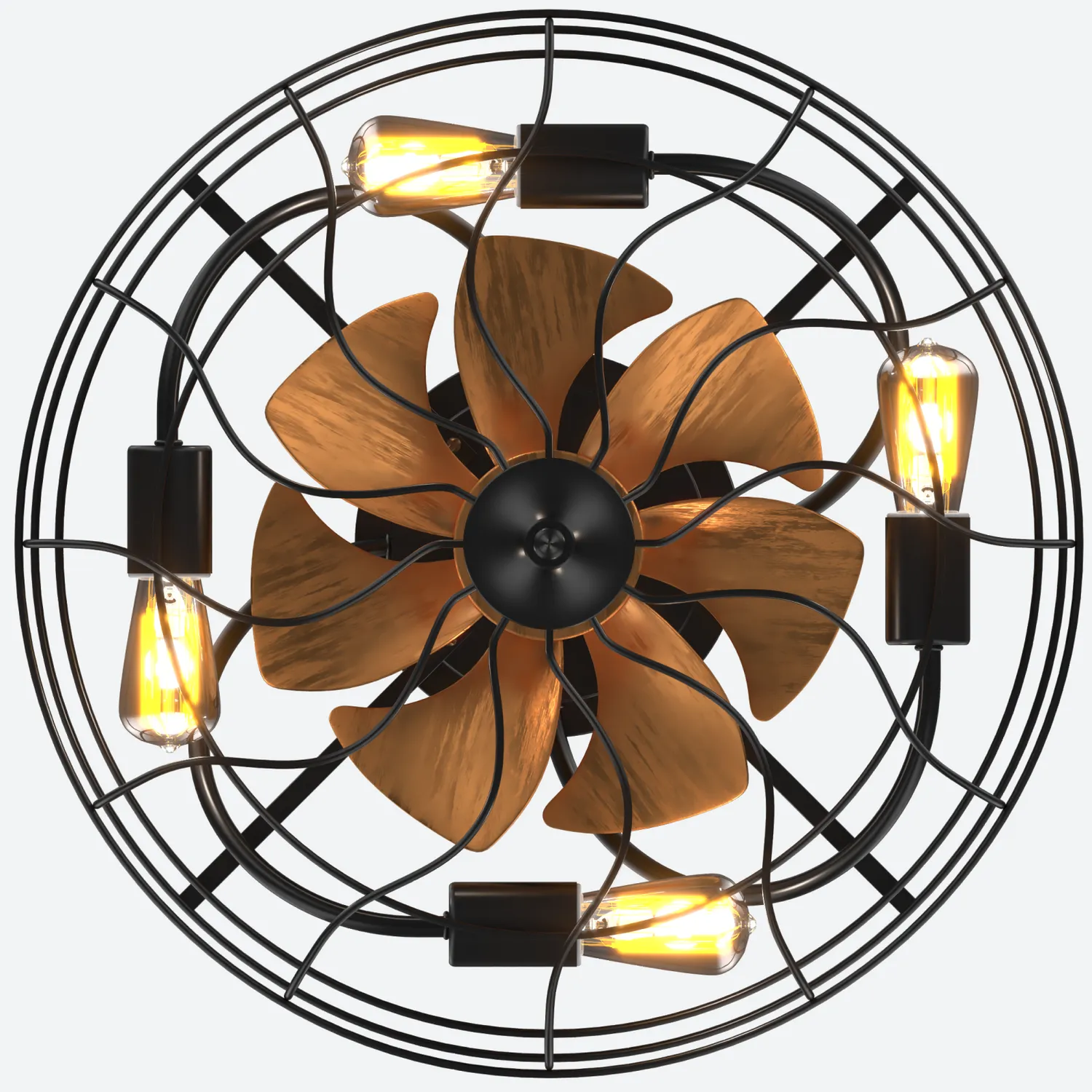 Deckenventilator mit sechs Glühbirnen und einem bronzefarbenen Lüfter. Schwarzer Metallrahmen.