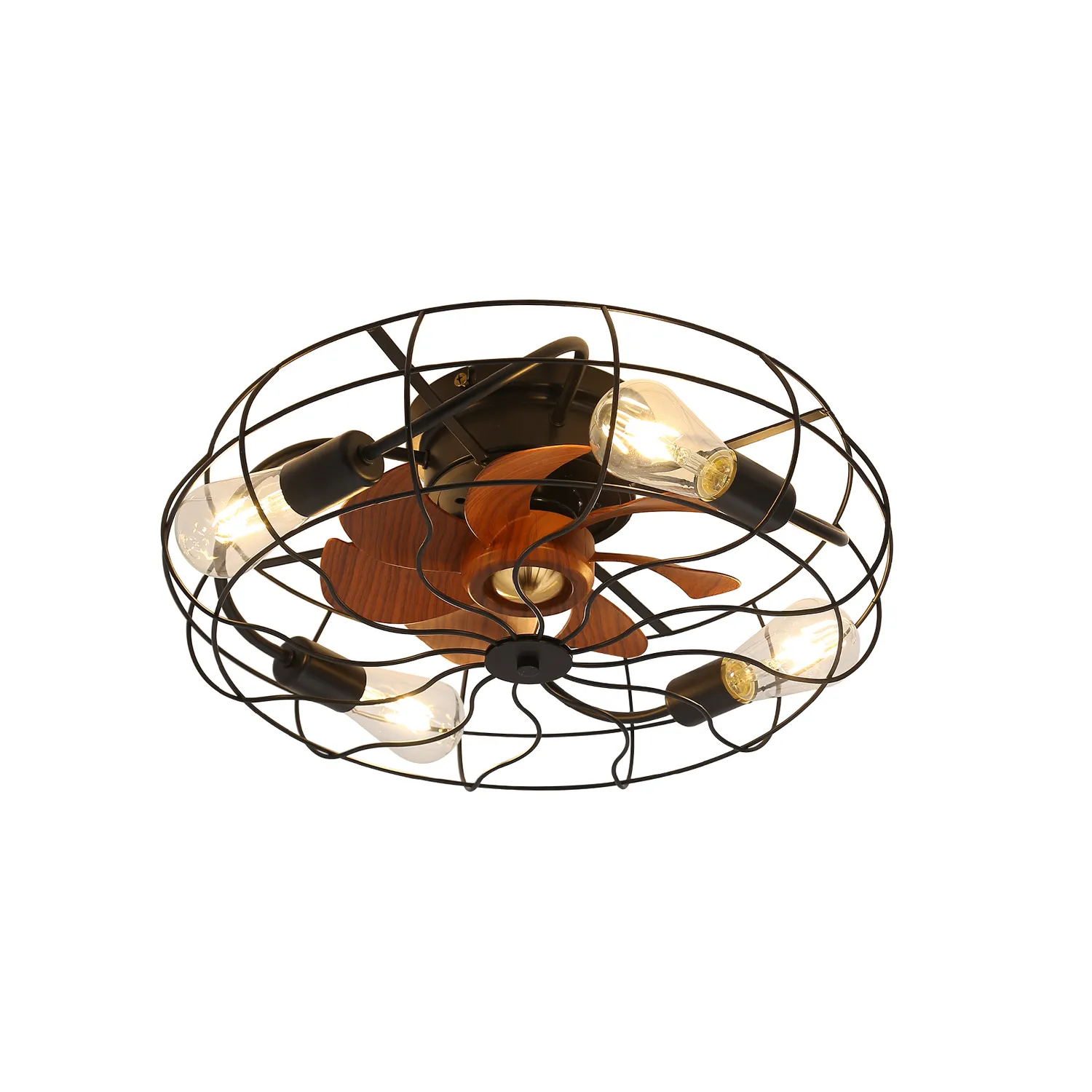 Deckenventilator mit vier Glühbirnen und braunen Lüfterflügeln. Schwarzer Metallrahmen.