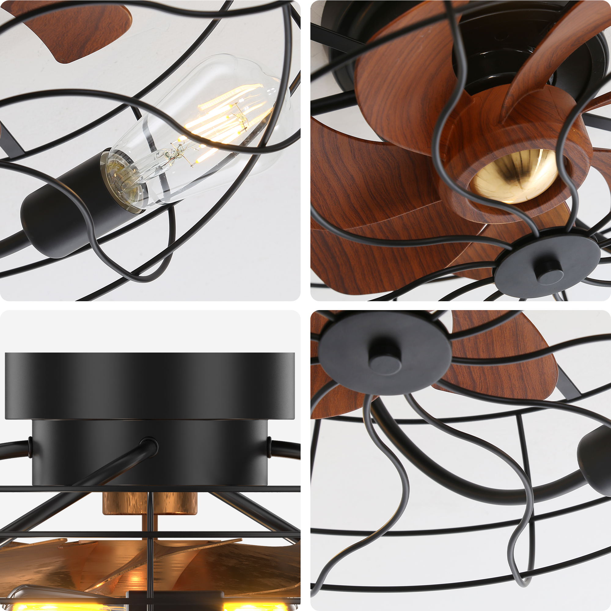 Nahaufnahmen eines schwarzen Deckenventilators mit Holzflügeln und einem Käfig-Leuchtkörper.